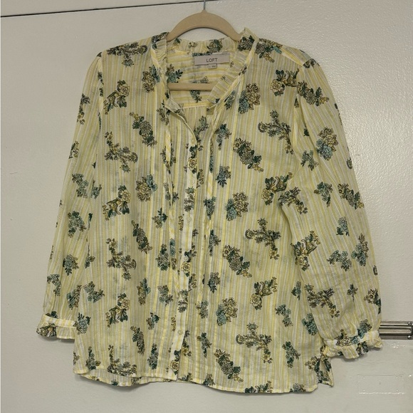 Loft Floral Tie Neck Button Up Blouse Yellow Size Large yellow white striped - Picture 3 of 9
